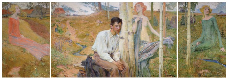 Jan Preisler, Jaro, 1900, olej, plátno, triptych 112×70, 112×186, 112×70 cm, Západočeská galerie v Plzni, O 897. Fotografie © Západočeská galerie v Plzni.