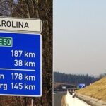 Cedule Via Carolina lemující dálnice D5 a A6