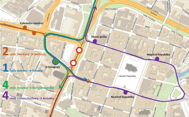 Mapa odklonu tramvajových linek