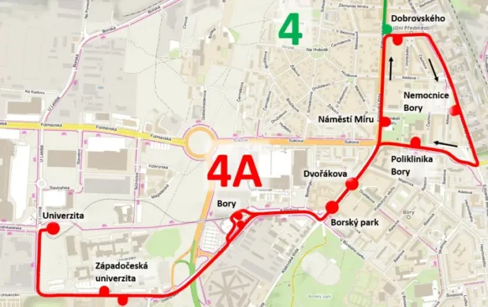 Plánek náhradní dopravy za linku č. 4