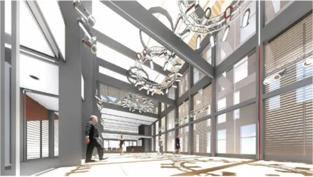 Přízemí – pohled ke vstupu a baru